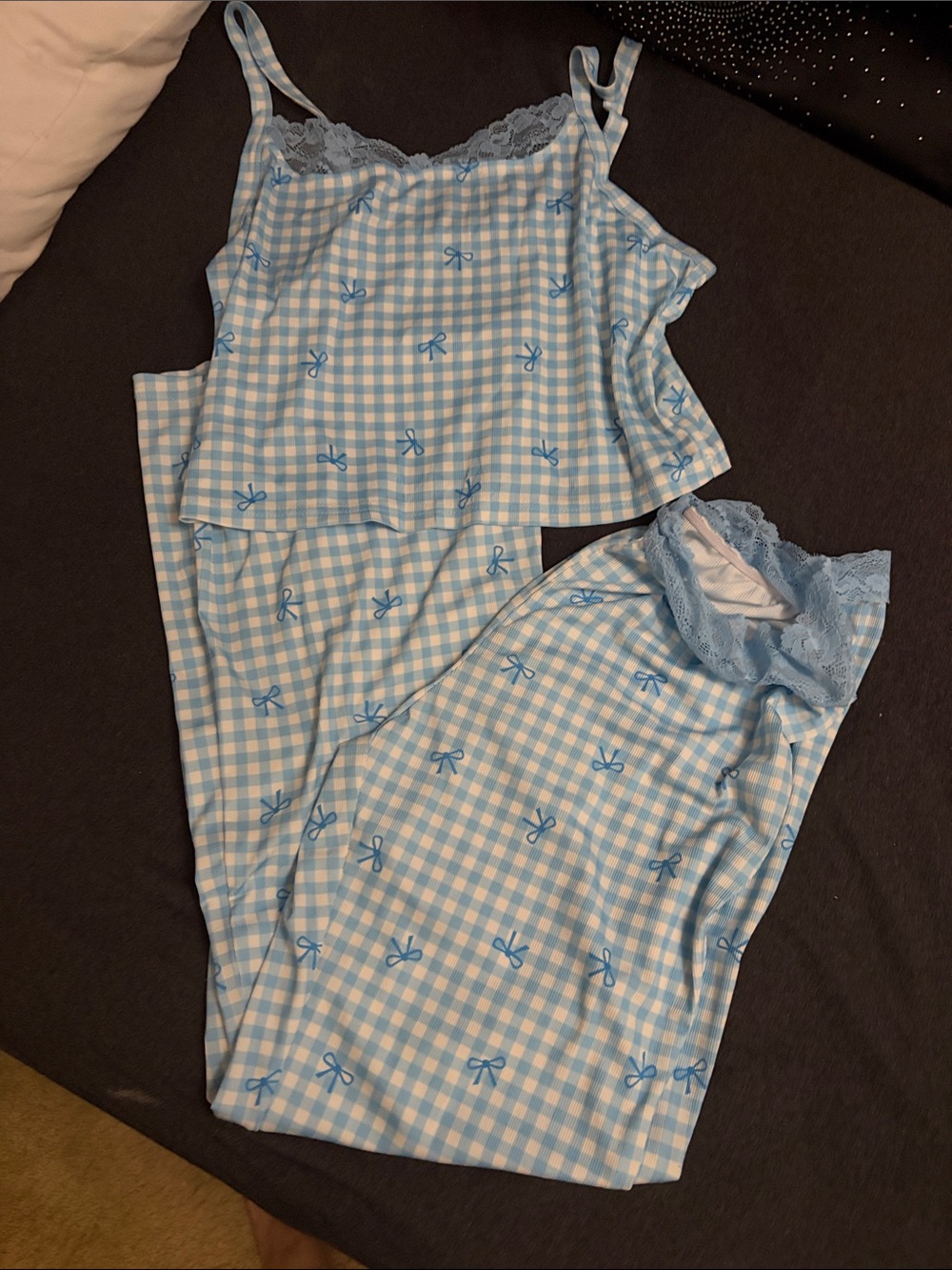 Amazon Blue Gingham Lace-Trim Pajama Set new
